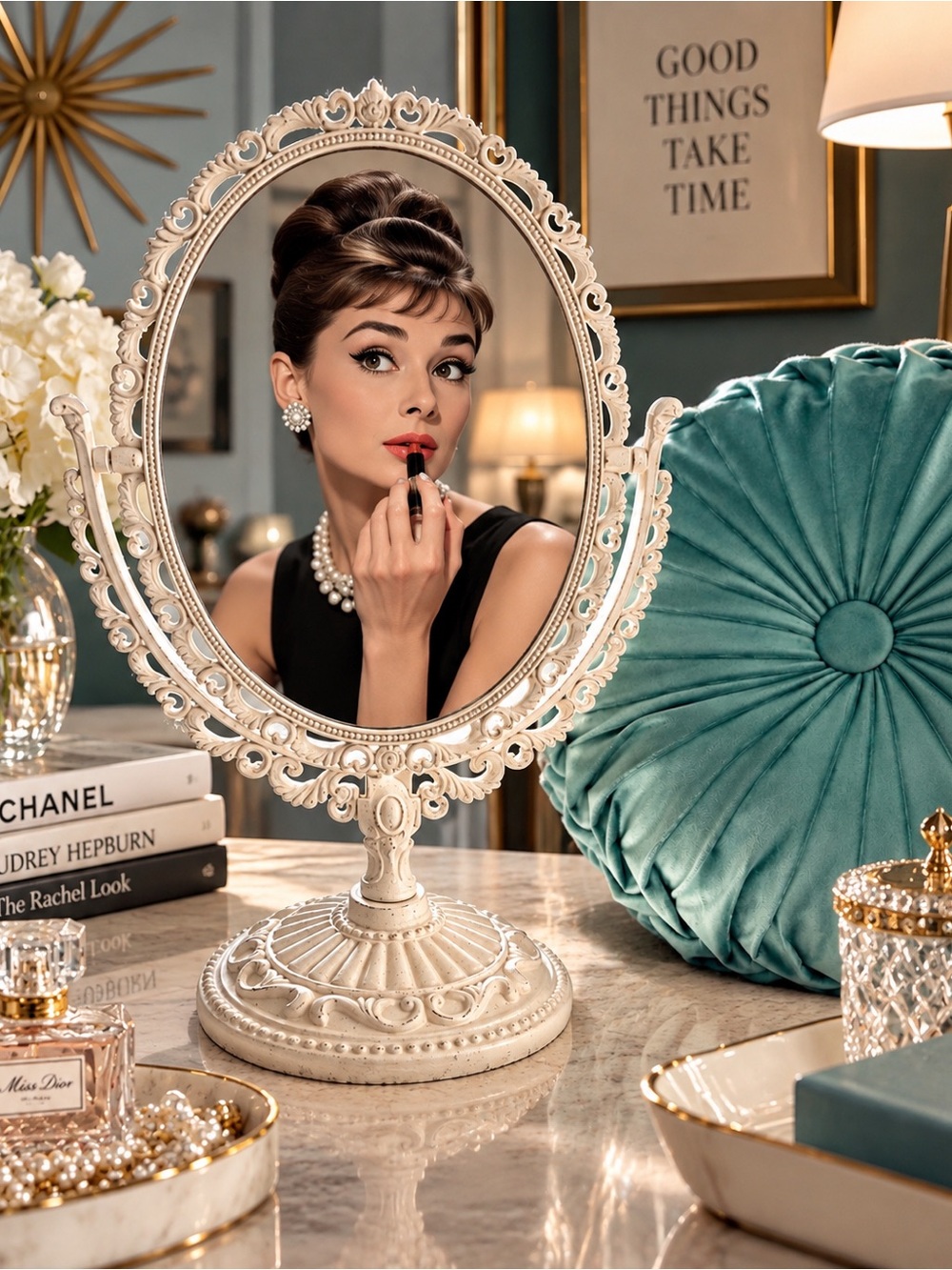 Ornate Rococo Vanity Mirror 11.5” Portable Unbreakable Tabletop Travel Decor